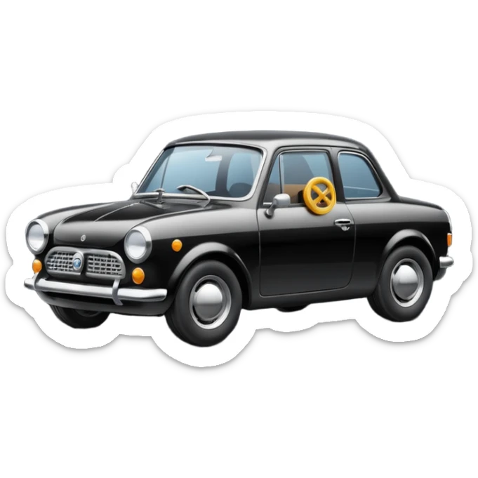 Automotive restoration emoji, black round badge, scale model car with small wrench icon, clean fresh paint, neat finish, soft shadows, balanced lighting, modern flat illustration, high clarity, centered, professional but not glowing sticker