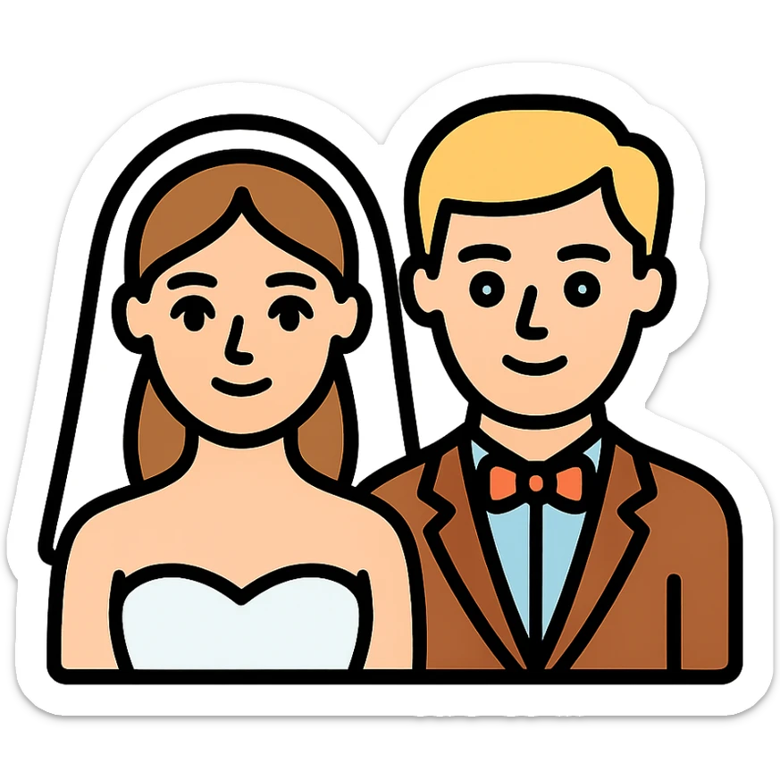 portrait of a bride with light brown hair and grey-blue eyes, and a groom with blonde hair, blue eyes, wearing a brown suit sticker