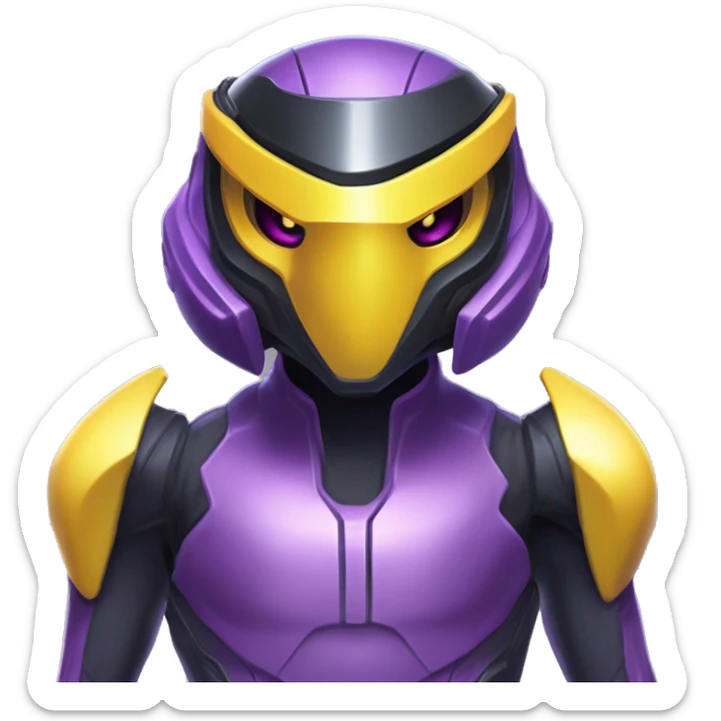 a shiny black-purple-yellow Genesect-Raptor-Fakémon—hybrid with a futuristic visor-helmet full bod sticker