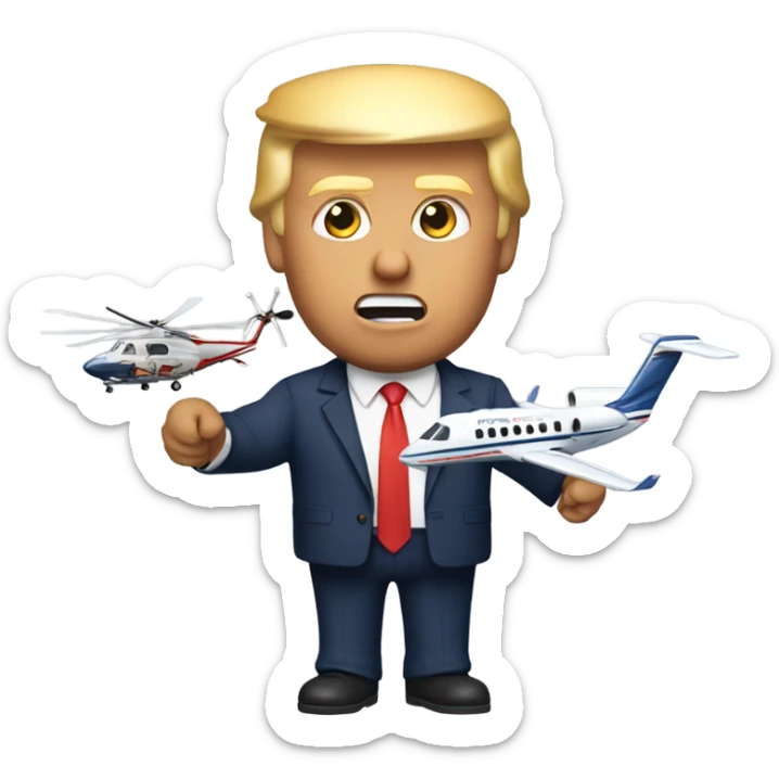 Donald trump by himself holding an airplane in one hand and a helicopter in the other hand smashing them together sticker
