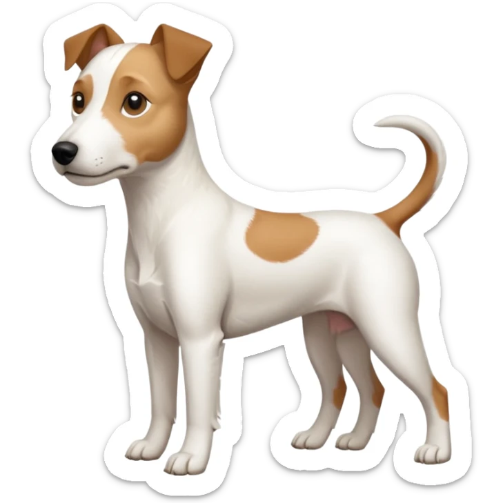 a full body slightly chubby white parson russell terrier looking dog the size of a kelpie with light brown long ears and a light brown patch on one eye and a large snout. the rest of the dog is completely white. forward facing sticker