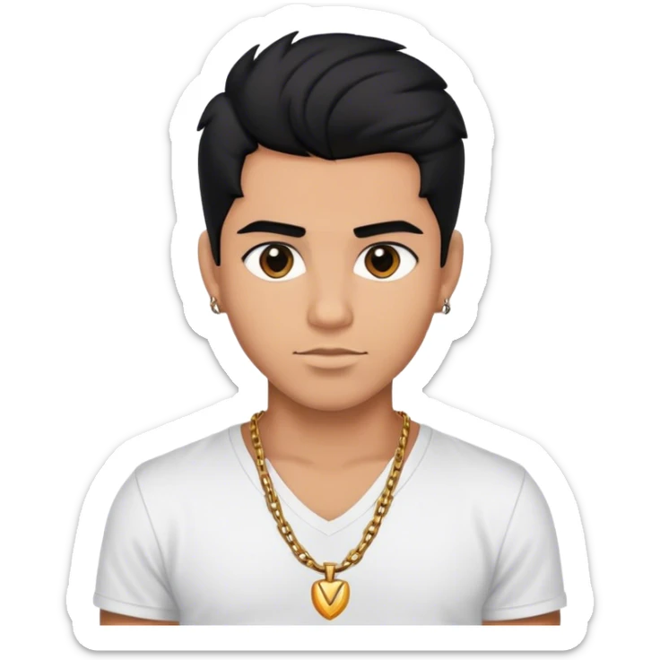 Young Latino male, black hair up, wearing a small chain and a white v-neck t-shirt sticker
