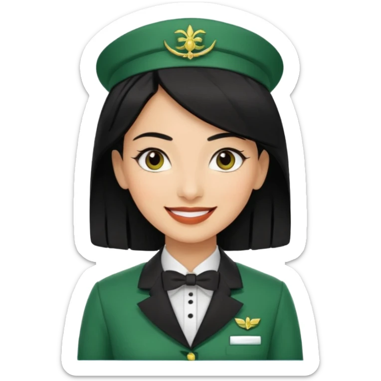 Lady hotel butler with green uniform black hair and just a lite bit brown skin and Arabic face sticker
