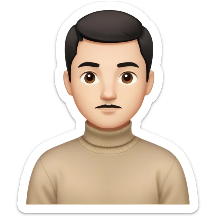 Create a memoji-style avatar of a young man with short black hair, well-defined eyebrows, and a light mustache. He wears a beige turtleneck sweater and has a neutral, confident expression. The style should be smooth, cartoonish, and Apple Memoji-like, with soft shading and clean lines






 sticker