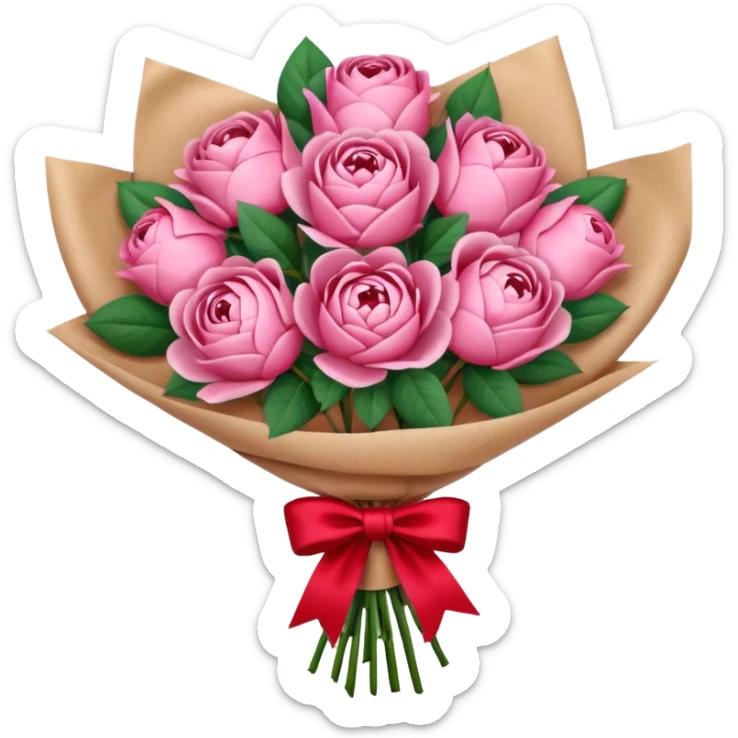 Bouquet of pink flower like rose and peony wrapped in kraft paper with red bow sticker