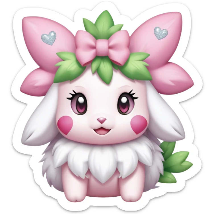 shaymin the legendary pokémon, cute, girly, soft pink pastel hearts and bows, glitter, sparkle sticker