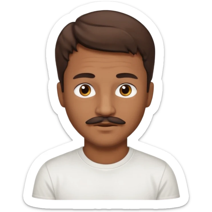 Homme brun cheveux court ondulé. Métisse. Yeux marrons très foncé. Avec t-shirt blanc avec une légère moustache  sticker