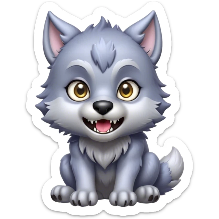 Cinematic Cute Werewolf Portrait Emoji, with a cuddly, miniature lupine form in soft moonlit grays and silvers, featuring oversized sparkling eyes and a sweet, endearing snarl, simplified yet irresistibly adorable, highly detailed with a gentle glowing outline that captures the playful, heartwarming essence of a little werewolf! sticker