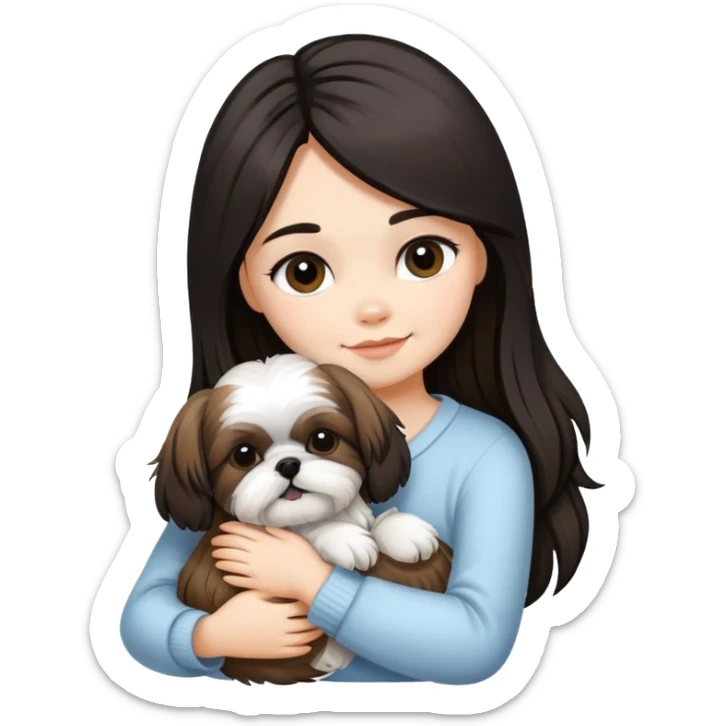 A girl with black highlighted long hair hugging a Shih Tzu dog sticker