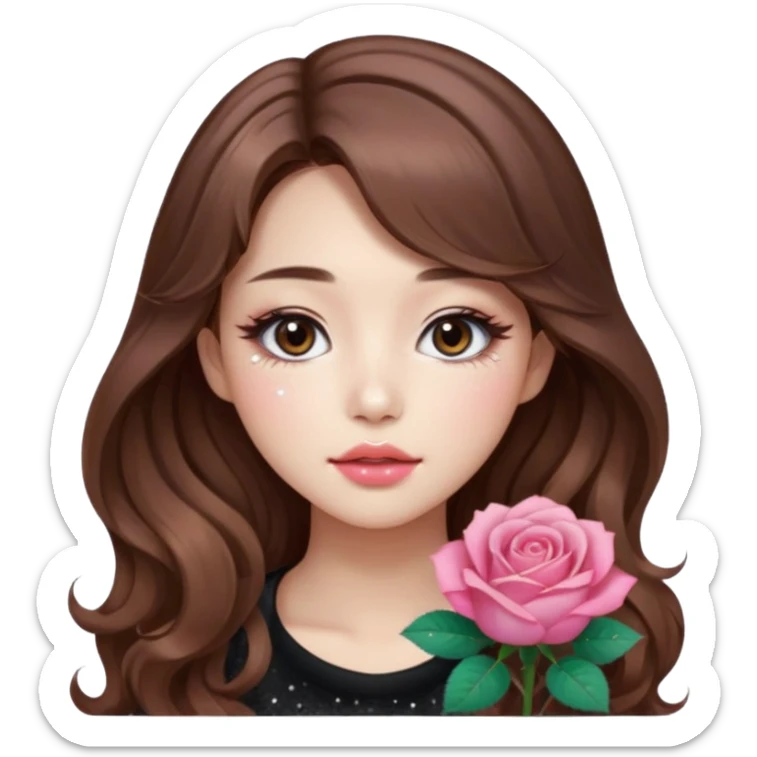 “korean brown hair Emoji girl, soft eyeliner, gradient rose lips, light brown shimmer eyeshadow, sparkly aegyo-sal, long wavy hair,  sticker