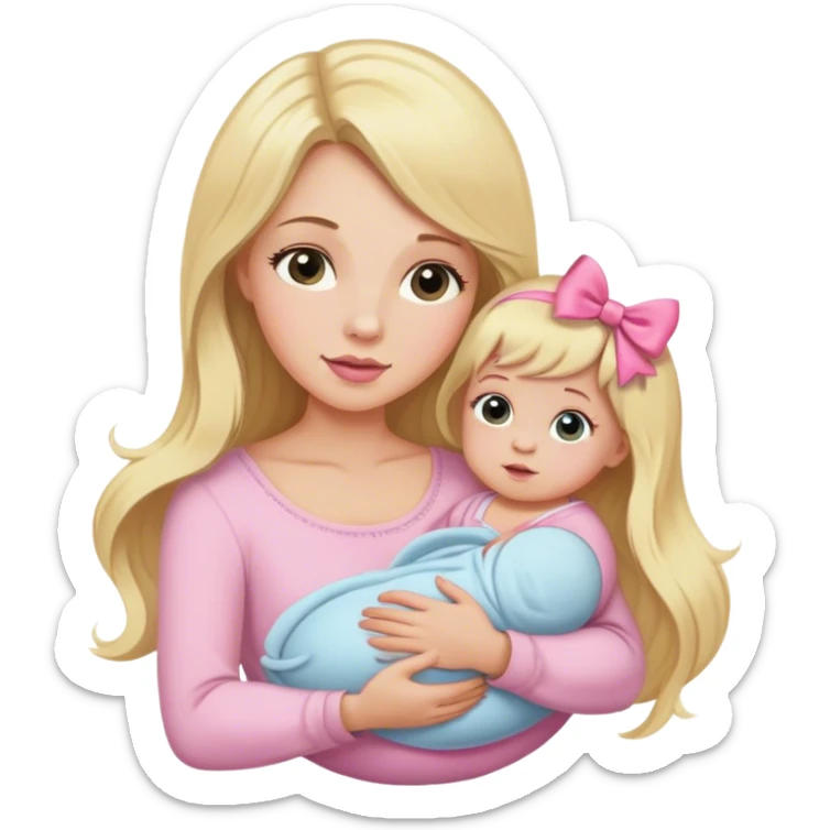 Blonde long hair mom with newborn baby girl with pink bow sticker