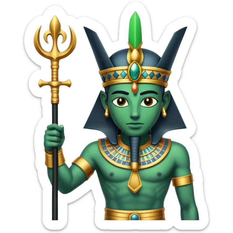 Ancient Egyptian god Osiris with green skin, Atef crown, and holding crook and flail sticker