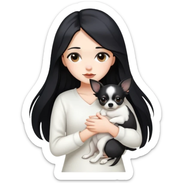 A girl with fair skin, long black hair, white clothes, gently tilting her head, holding a black Chihuahua tightly with both hands sticker