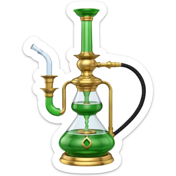 Brass hookah with green design on a glass water base and a glass banger on the top; with two outlet sticker