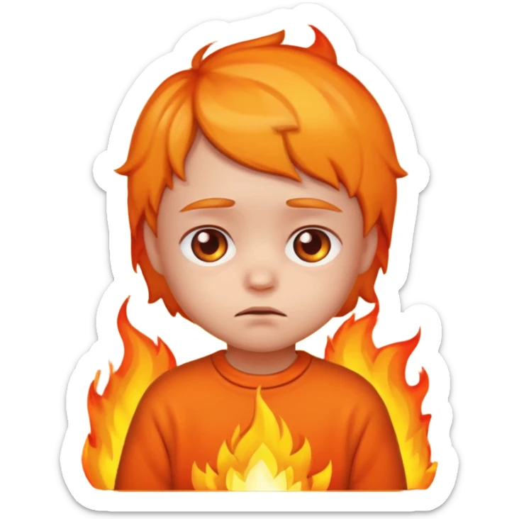 apple style emoji of a small child looking sad with fire in the background sticker