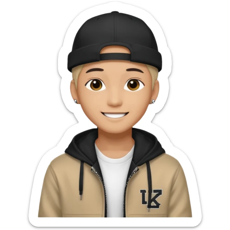 Portrait of a male K-pop idol, wearing a stylish streetwear outfit with layered clothing, makeup, wearing a black cap, happy sticker