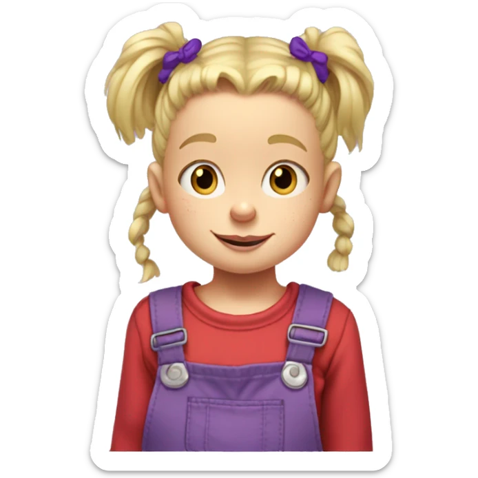 A little blonde girl with pigtails and little purple bows wearing a red long sleeved shirt and purple overalls, rugrats sticker