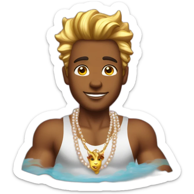 posh-muscle-boy-with-pearl-necklace-and-rainbow-unicorn-hair-in-golden-bathtub sticker