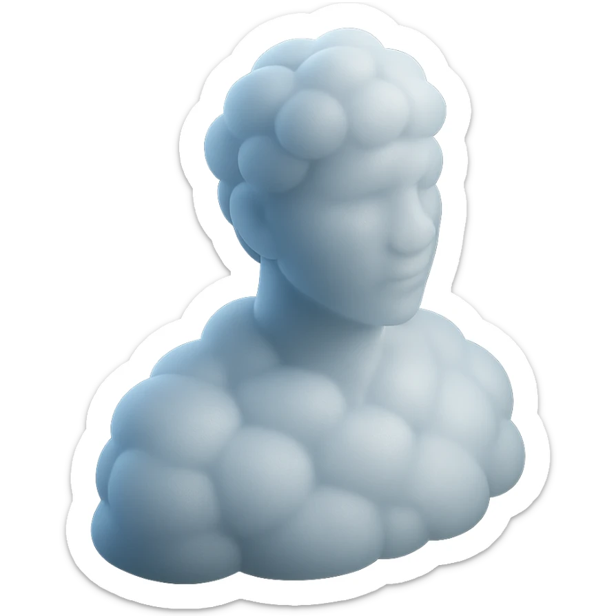 person looking straight, made entirely of white fluffy convex clouds, shoulder up, matte glass style, no background sticker