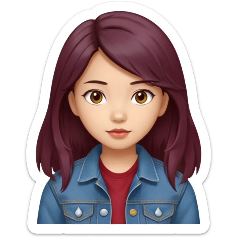 asian girl, long dark burgundy brown hair, hazel brown eyes, half lidded eyes, wolfcut hairstyle sticker