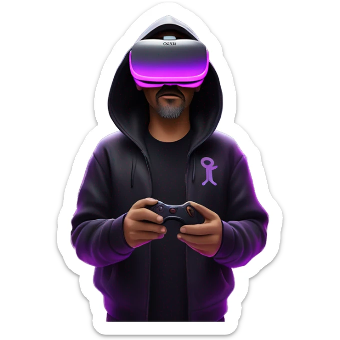 Big Lebowski wearing a black hoodie with "OMG" letters on it and VR headset oculus quest 2 in a cyberpunk VR environment with violet neon lighting. sticker