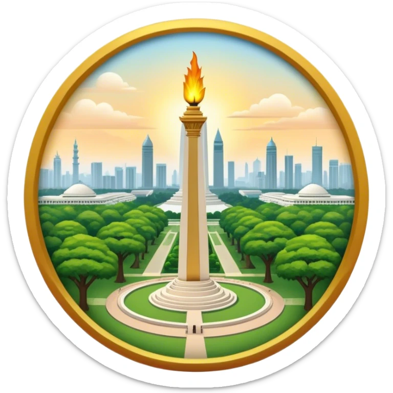 Cinematic Realistic Monas Landmark Emoji, showcasing the National Monument in Jakarta, a towering obelisk with a golden flame, set within a lush park under a clear, radiant sky. sticker