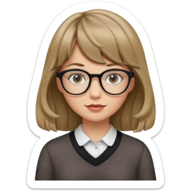 Uma garota de cabelo ondulado loiro escuro,mas com franja lisa e olhos pretos,usa óculos e a cor de pele branca,e o cabelo na cintura sticker
