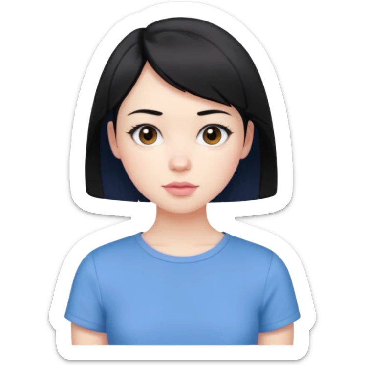 create an emoji of a young woman. She has a nice look, with short black hair, brown eyes, pale skin, natural soft pink lips. she wears a blue short sleeve top sticker