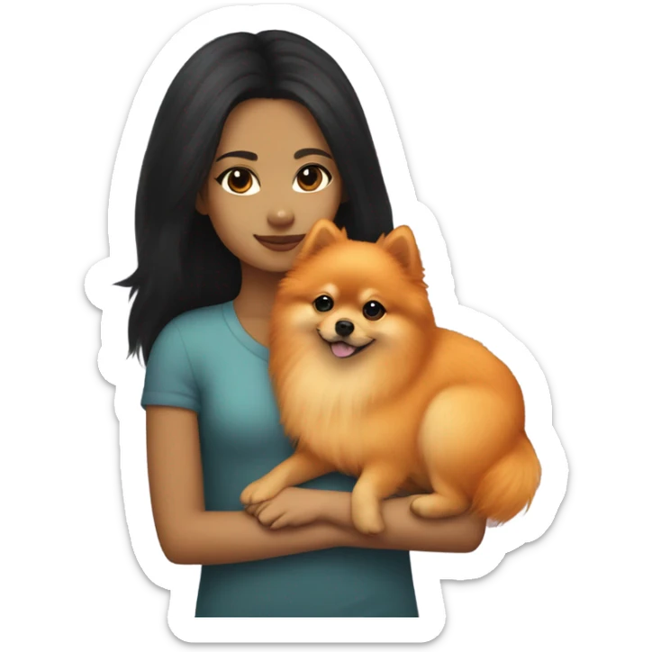 Orange Pomeranian hugging light skin black hair girl sticker
