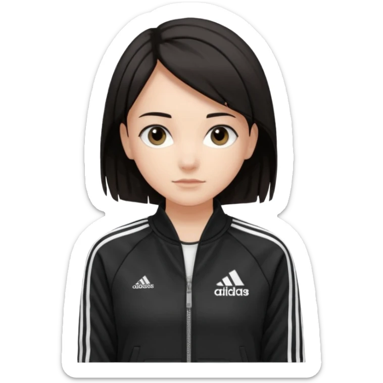 A girl with  medium length, dark hair, fair skin. The style is a soft, layered cut that falls around her shoulders. wore black Adidas track jacket with white stripes on the sleeves. It has a full zipper down the front, a stand-up collar, and the Adidas logo on the right chest emoji sticker