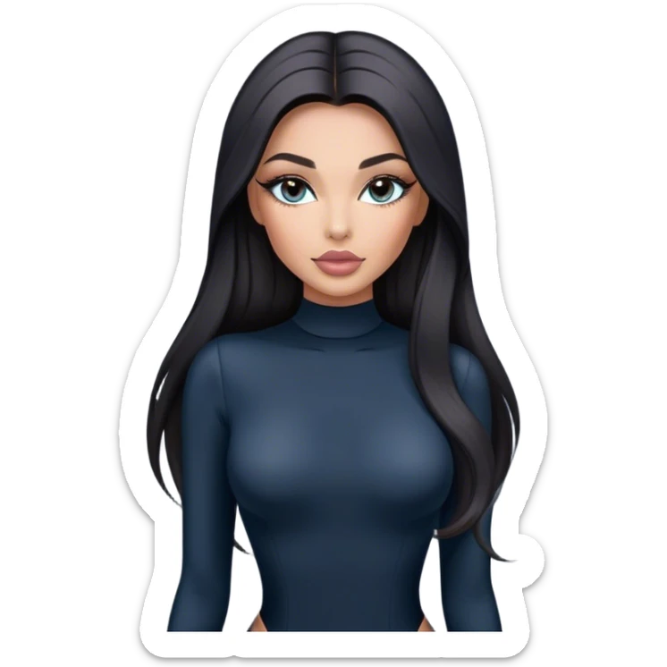 Glamours, tanned, very beautiful girl, with big pump peach-beige-rose lips, long long lashes, black straight smooth silky long hair, straight parting hair, blue-grey eyes in black long-sleeves bodysuit sticker