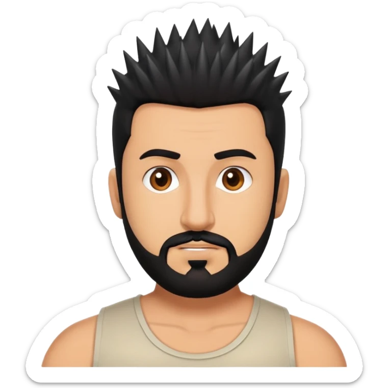 A man with a spiky haircut and black hair. A black beard like a zohan. Brown eyes, a slightly chubby build. sticker