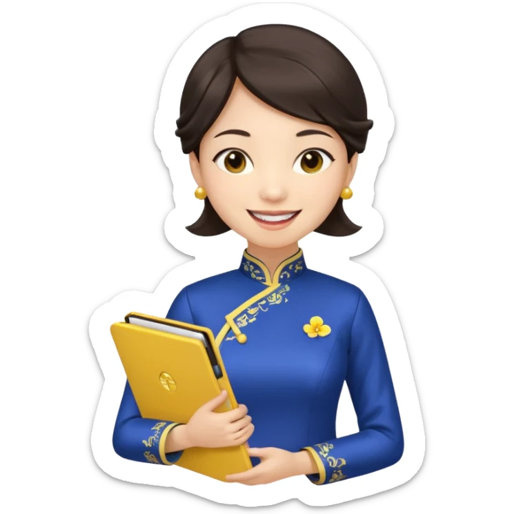 Teacher emoji but : european volume dark brown hair, light skin, no glasses, dark eyes, with a computer folder in the hand (color is yellow), being a teacher, wearing a chinese qipao ( dark blue), smile with teeth





 sticker