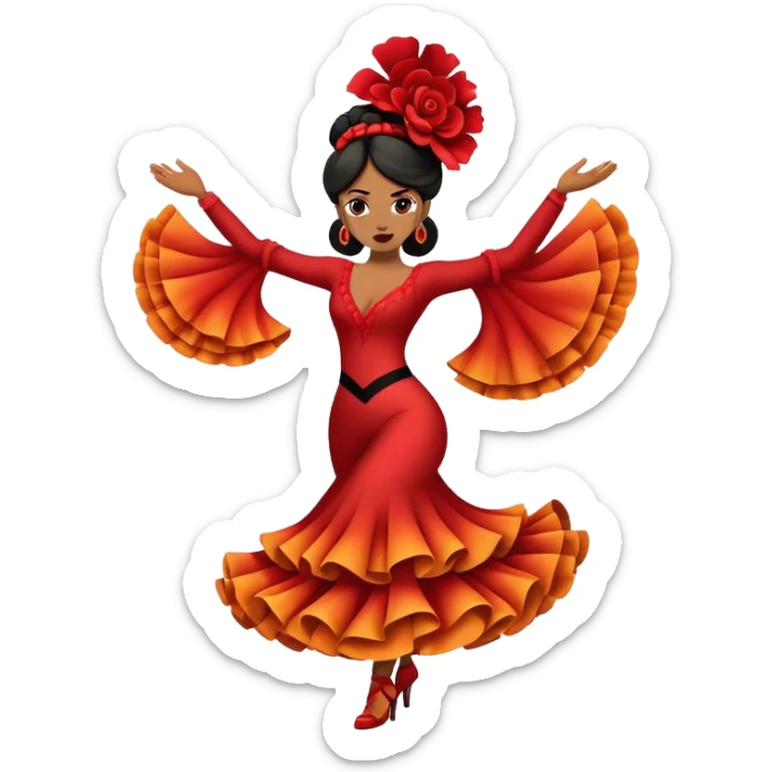 Cinematic Realistic Flamenco Dance Emoji, depicted as a passionate expressive flamenco performance with dramatic costumes and dynamic fiery movements, rendered with vibrant textures and bold energetic lighting that captures its intense rhythm. sticker