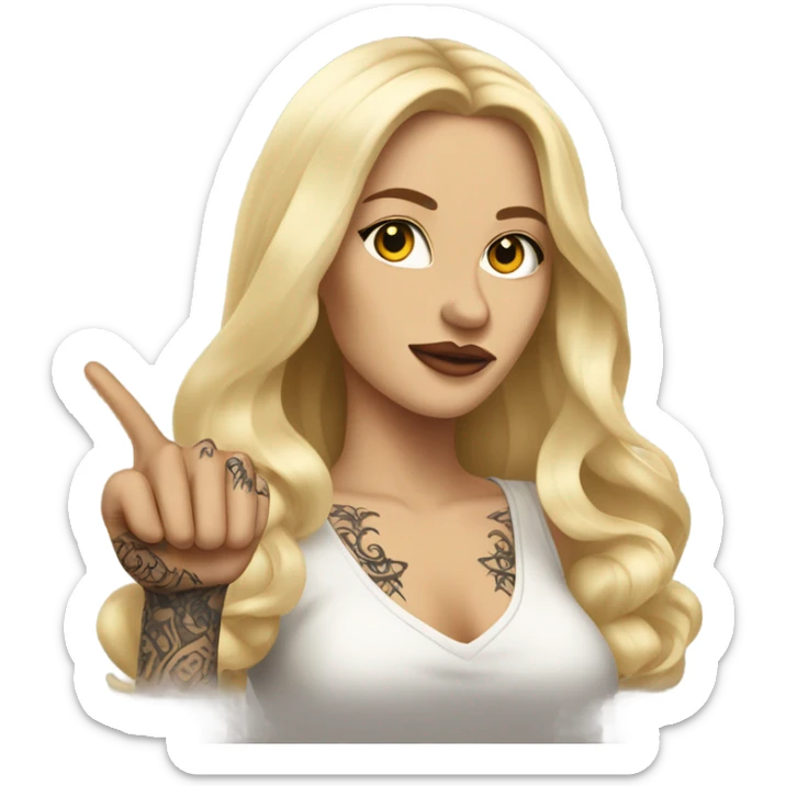 Blonde elegant women with LONG HAIR, her Body Covered with Tattoos, POINTING YOU FORWARD with her HAND with INDEX FINGER, Hyper Realistic sticker