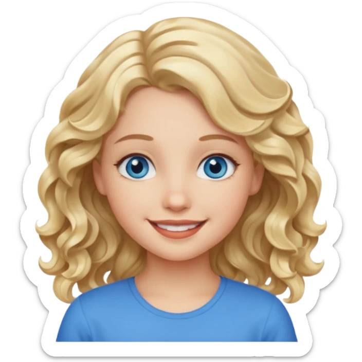 Please generate an image of a girl. She has blue eyes, blond, wavy hair, and is smiling. sticker