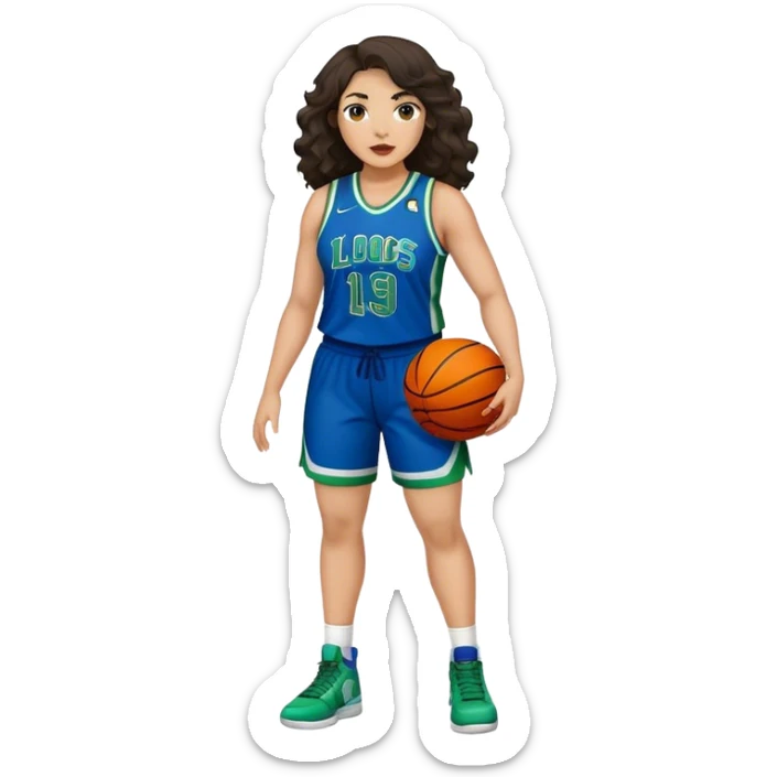 full body plus size light skin latino women basketball player with wavy dark hair large widenose wearing blue and green uniform sticker