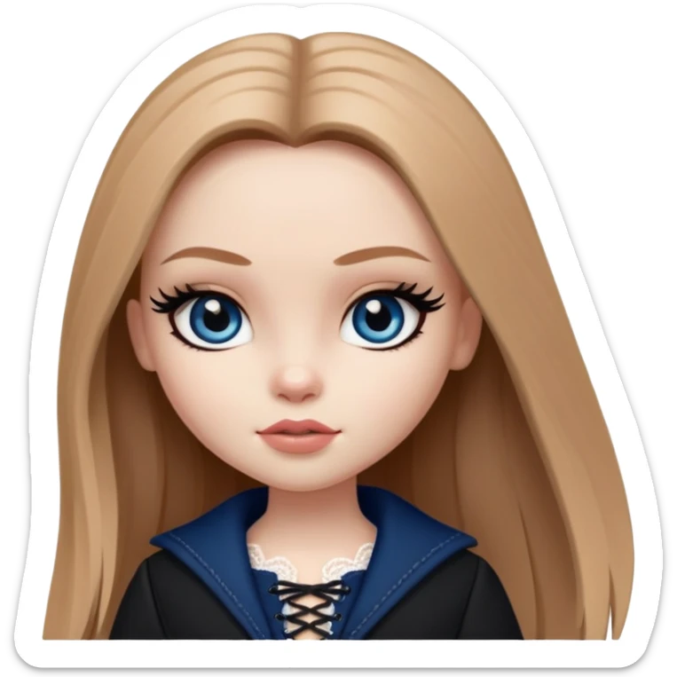pretty bratz girl, long straight light brown hair, dark blue eyes, black eyeliner, pale skin, dark feminine clothes with laces sticker