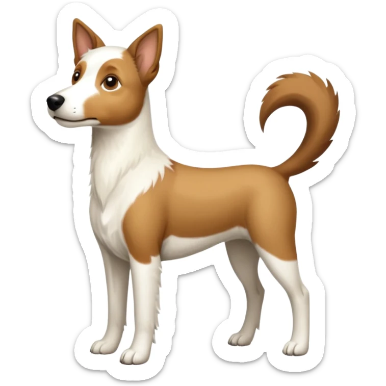 a full body large white parson russell looking dog the size of a kelpie with light brown flapped down ears and a light brown patch on one eye and a large snout sticker