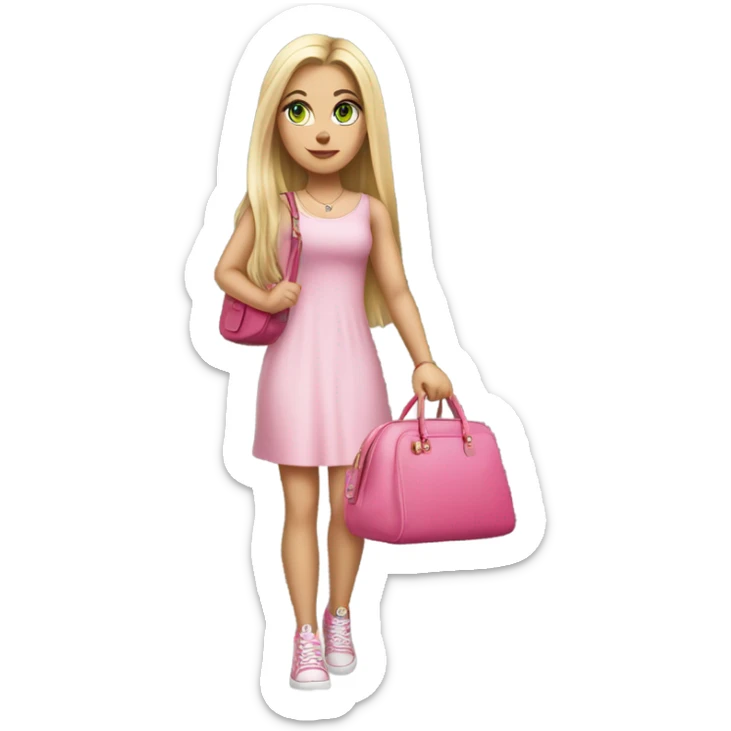 Realistic White girl with Long straight blonde hair, green eyes, tattoos, full body wearing pink dress, holding pink handbag sticker