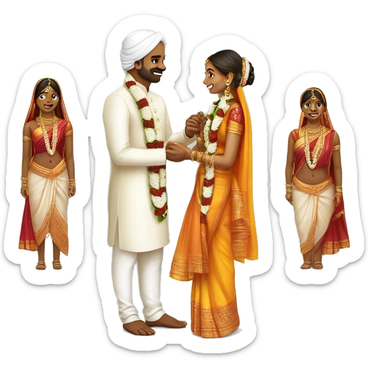 tamil culture engagement ceremony..create emoji of the coules exchanging rings with south indian traditional costumes..fair skin..no moustche for groom sticker