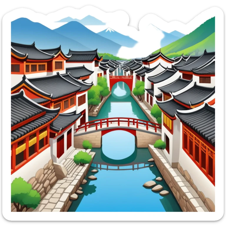 Lijiang Ancient Town Yunnan with canals and bridges, simplified emoji style with bold outlines and bright colors, cartoon style traditional Chinese old town sticker