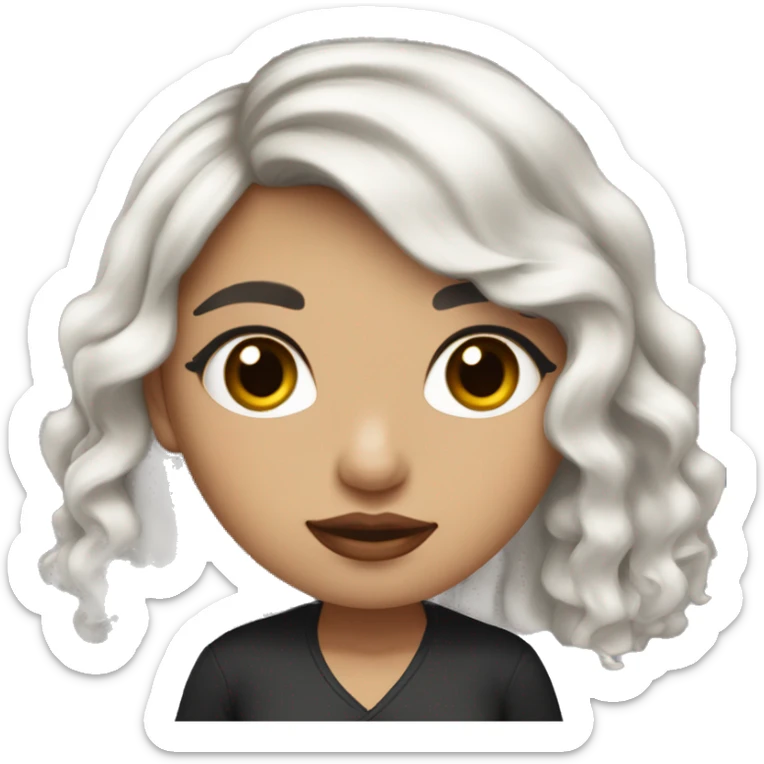 Girl with black curly hair with ice blonde balage with brown eyes and red lips with plack top and round cheeks but a bit of a slender face sticker