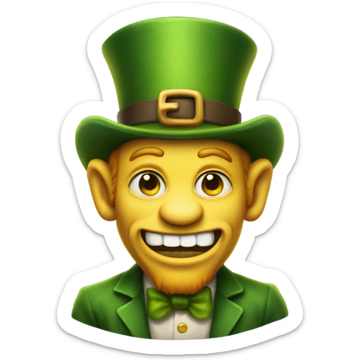 Leprechaun with laughably crossed eyes and an open mouth with crooked teeth. Just one yellow skin. Eyes more crossed. Whole body  sticker