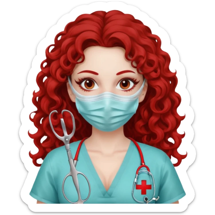 Lilith symbol seductress long curly hair evil surgeon.  brown hair. Red surgical mask.  covering. She works for cartel and kills  with a scalpel. Sexy surgeon outfit sticker