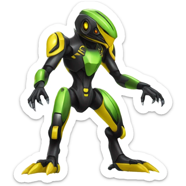 a shiny black-yellow-green Genesect-Raptor-Fakémon—hybrid with a futuristic visor-helmet full body sticker