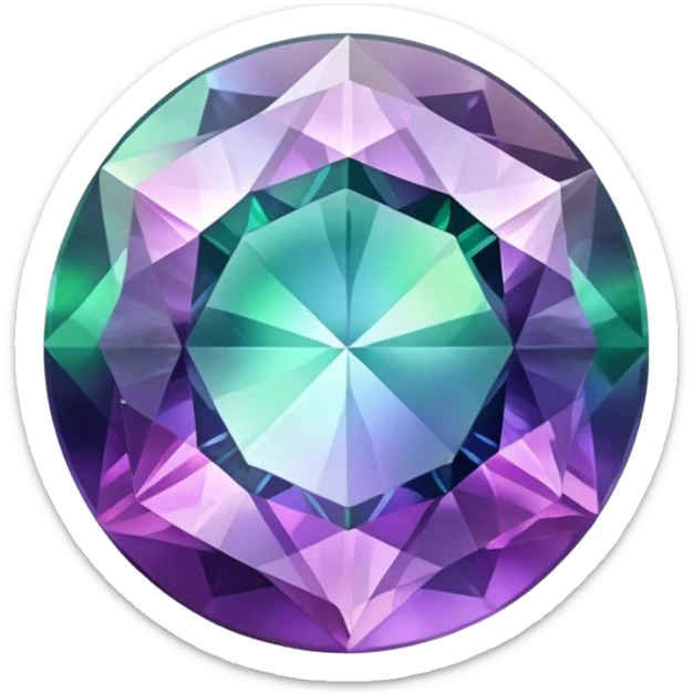 round cut fluorite gemstone, faceted, with iridescent holographic color play inside sticker