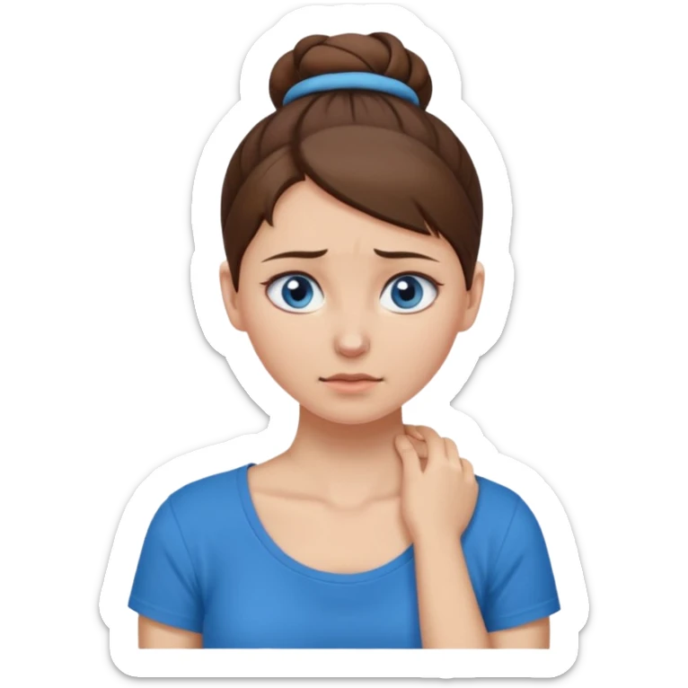 apple style emoji of a woman with blue eyes, brown hair in a bun, holding her neck in pain (torticollis), wearing a black T-shirt sticker