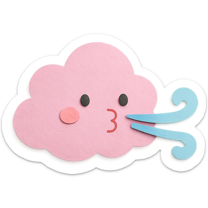 adorable pastel pink cloud, blowing gentle wind, no arms or legs, full body, kawaii paper craft style sticker