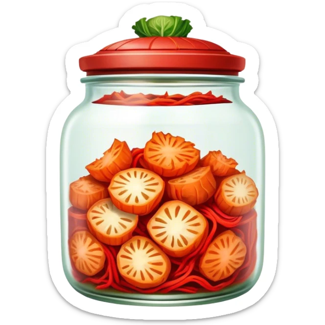 Kimchi Cinematic Realistic Kimchi Dish Emoji, depicted as spicy, fermented cabbage with vibrant red hues neatly served in a traditional jar, rendered with dynamic textures and bold, appetizing lighting. sticker